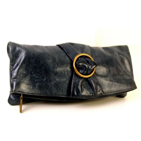 Hobo International SMOOTH DARK BLUE GENUINE LEATHER FOLDING CLUTCH PURSE HANDBAG - Picture 2 of 8